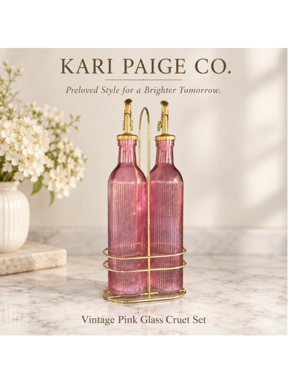 Vintage Pink Glass Cruet Set with Gold Stand One Size